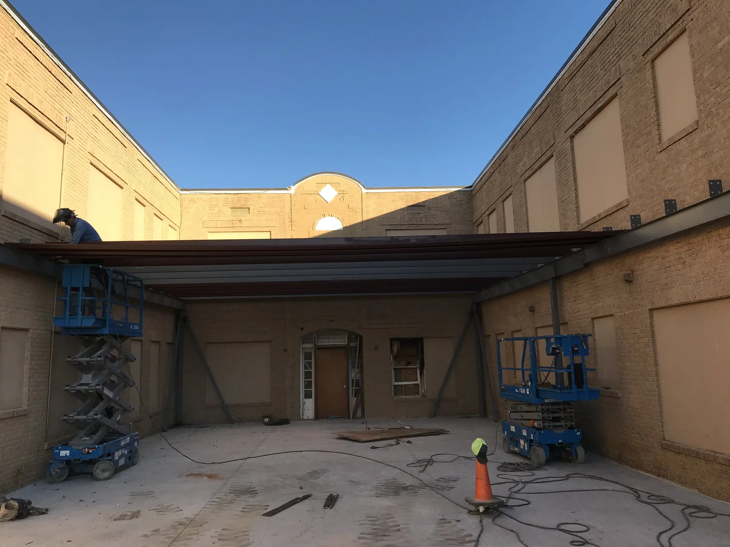 EGA Construction Services crew erecting structural steel framing on a commercial build